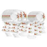 Larah By Borosil Red Iris Fluted Series Opalware Dinner Set | 66 Pieces For Family Of 6 | Microwave & Dishwasher Safe | Bone-Ash Free | Crockery Set For Dining & Gifting | Plates & Bowls | White