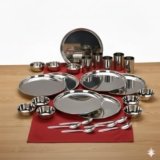 E – Ezra 36 Pieces Stainless Steel Dinnerware/Dinner Set – 6 Thali, 6 D.Plate, 12 Bowl, 6 Glass, 6 Spoon, Kitchen Set for Home & Restaurants, Family – Silver Dinnerware Set