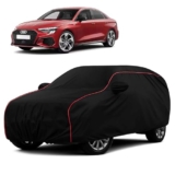 Sulfar 100% Water Resistant Car Body Cover Compatible with Mirror for Audi A3 (Triple Stitched, Full Bottom Elastic, Black with Red Piping)