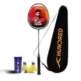 Hundred Powertek 200 Aluminium Badminton Racket with Full Cover & 3 Aura Nylon Shuttlecocks, Lightweight Shuttle Bat for Match Play