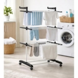 BTfash Heavy-Duty Clothes Drying Stand | Load Capacity 40 kg | Portable with Wheels | Balcony Use | Foldable Wings | Rust-Resistant Alloy Steel (Single Pole_Black)
