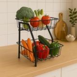 HomeGrits 2-Tier Metal Kitchen Storage – Black Kitchen Organizer Rack for Fruits, Vegetables, Snacks, Toys, Towels & Office Supplies – Storage & Organizer for Home | Black, Metal