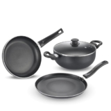 Prestige Svachh Byk Set Aluminium Non Stick Cookware, Omni Tawa Dia 28 Cm -1 Unit, Fry Pan Dia 24 Cm – 1 Unit, Kadai With Glass Lid Dia 24 Cm -1 Unit, Black