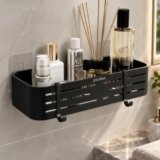 Plantex Self Adhesive Shelf for Bathroom Wall/Aluminium Kitchen Rack Adhesive with Removable Hooks & Magic Stickers/Bathroom Organiser Without Drill (12×5 inches, Matt Black)