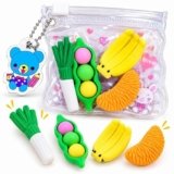 KALRA MAGIC Kids Cute Food Shape Eraser Set, Banana Croissant Pea Pod & Scallion Novelty Pencil Erasers with Cartoon Bear Keychain Charm, Fun School Stationery, Return Gifts for Children