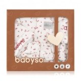 BABYSO Premium 7-Piece Newborn Gift Set, 100% Cotton Baby Clothing Essentials, Shirt, Shorts, Cap, Mittens, Booties, Napkin, Perfect Box, 0-6 Months (Cherry Print)